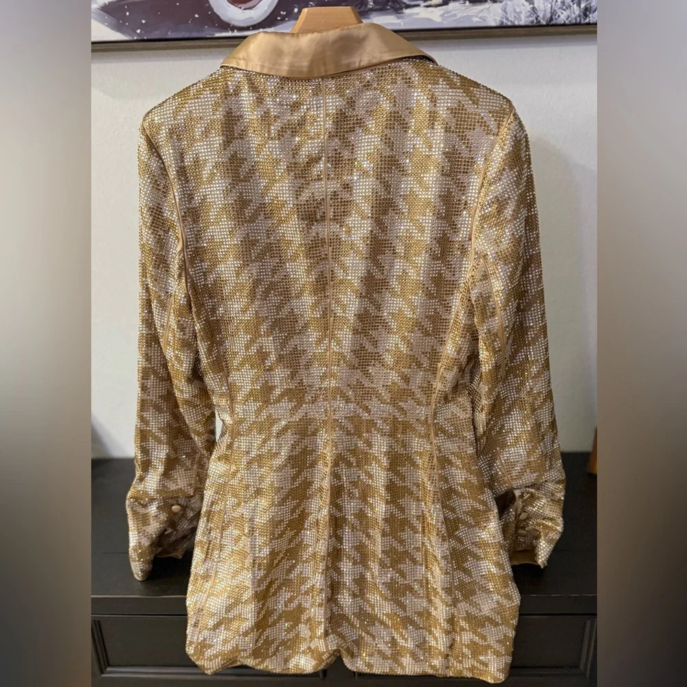 Retrofete Jules Embelished Blazer Mini Dress XS Gold Sequin Houndstooth - Picture 6 of 7